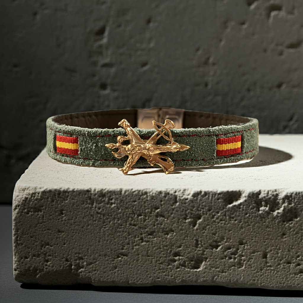 Pulsera en piel de ante verde con bandera de España| Cristo Legionario