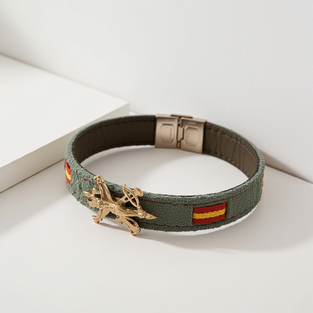 Pulsera en piel de ante verde con bandera de España| Cristo Legionario