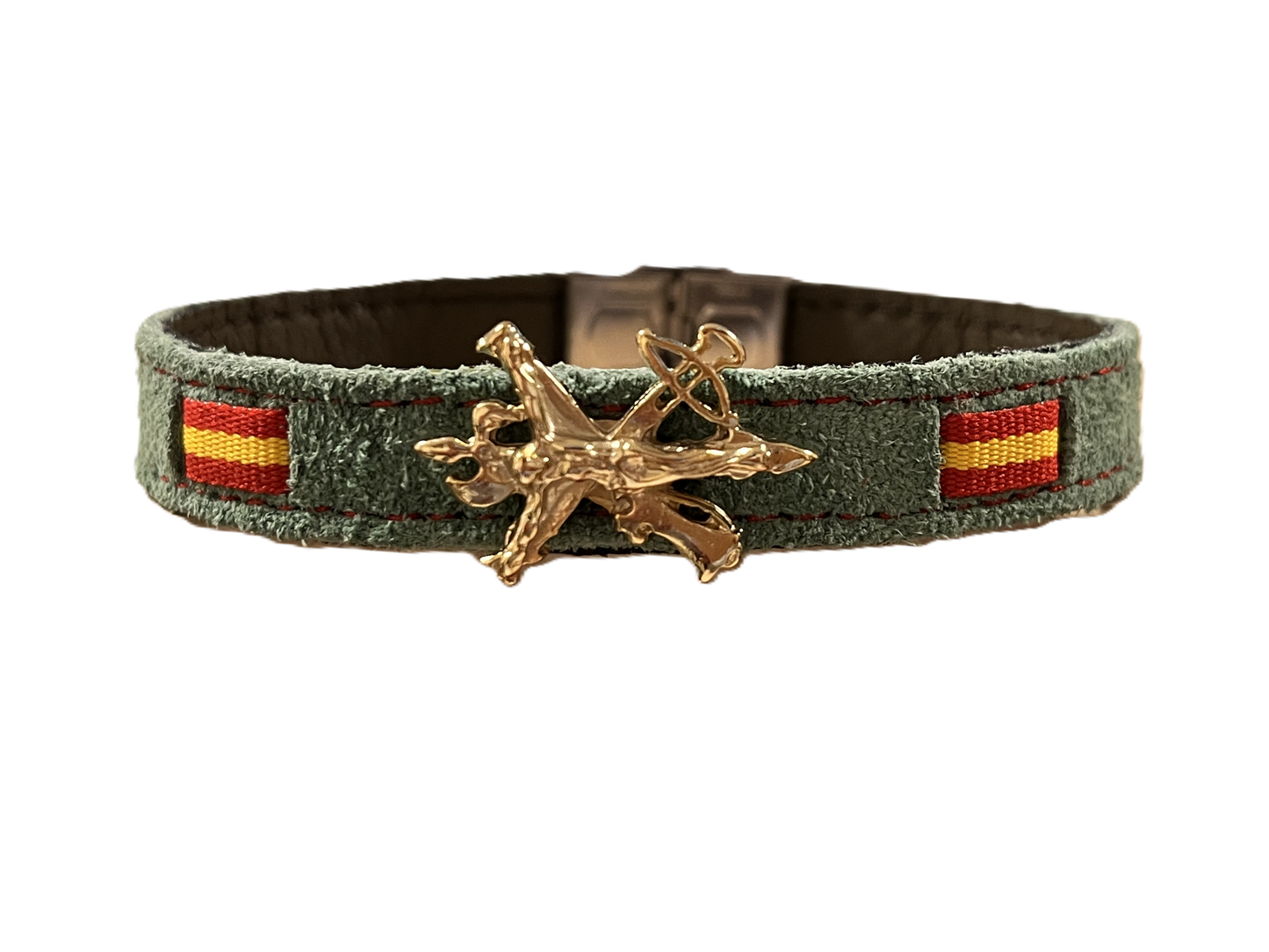 Pulsera en piel de ante verde con bandera de España| Cristo Legionario