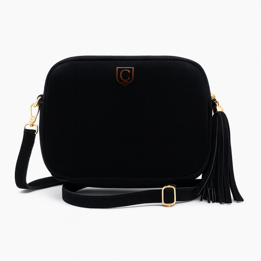 Bolso bandolera de ante negro en piel de vacuno