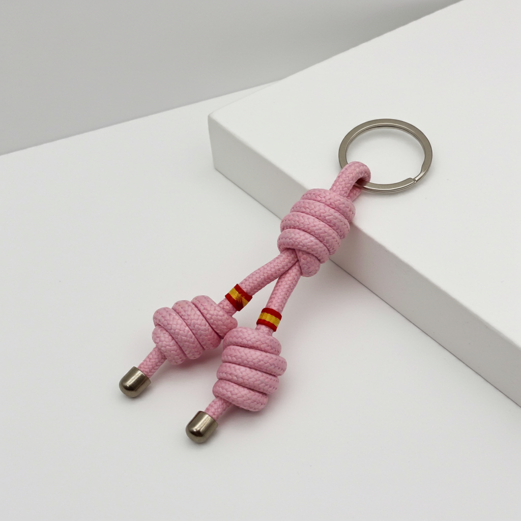 Llavero rosa de cuerda trenzada con nudos marineros