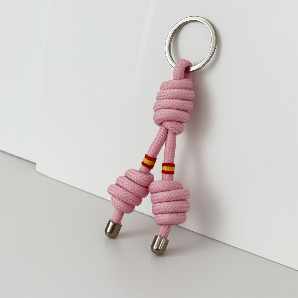 Llavero rosa de cuerda trenzada con nudos marineros